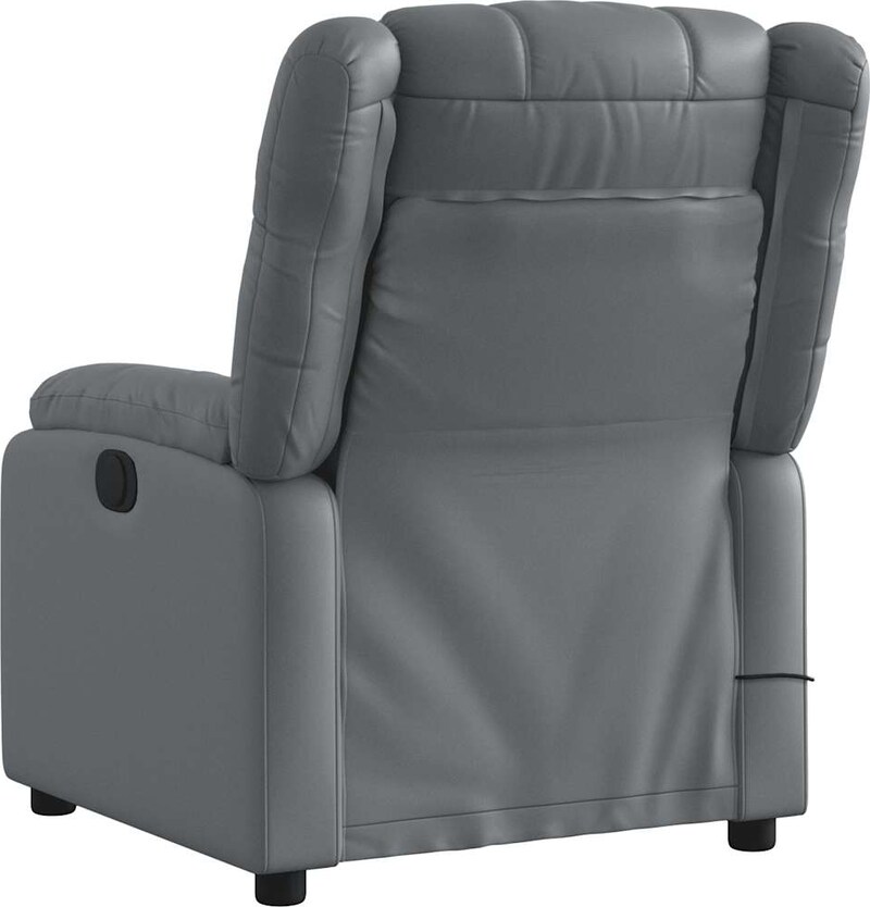 Ein grauer Massagesessel von hinten gesehen.