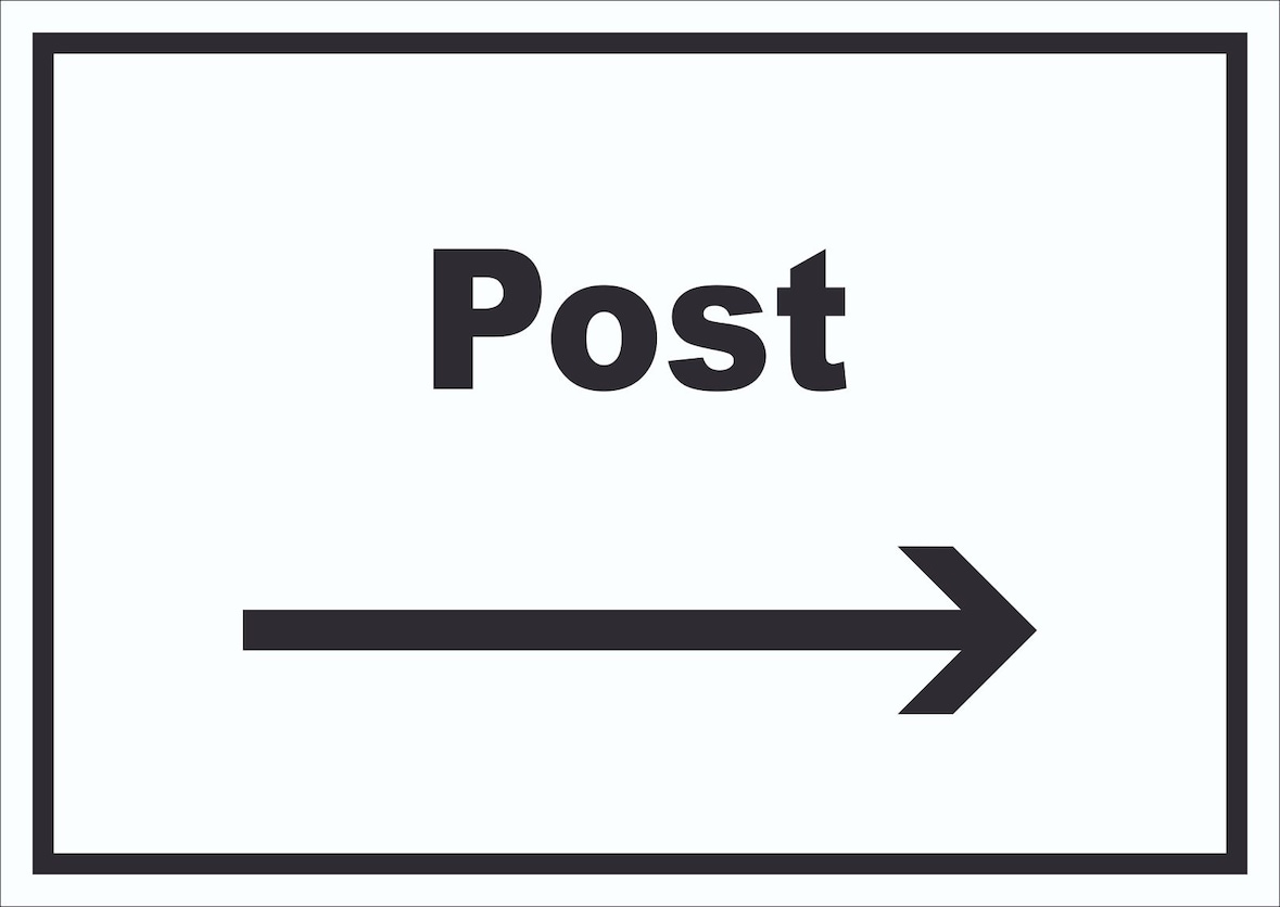 Post Schild mit Text und Richtungspfeil rechts Annahme Brief Paket waagerecht A2 (420x594mm)