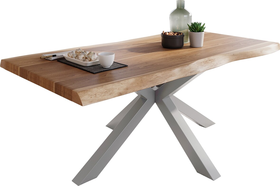 Esstisch Baumkante massiv Akazie natur 200 x 100 Spider-Gestell silber ATLAS