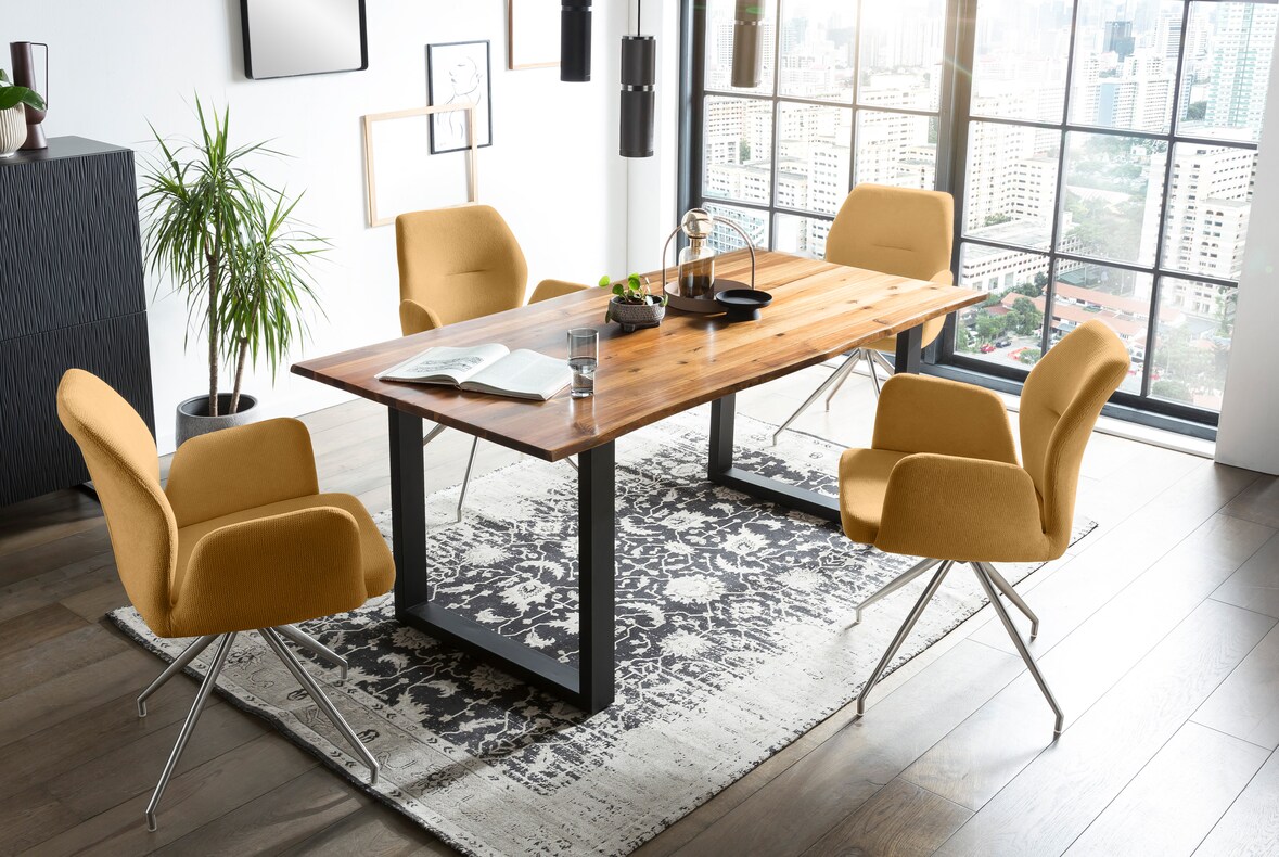 SalesFever Tischgruppe Akazie 160 cm | 5-tlg. | 26 mm Platte cognac | Metallgestell schwarz | Drehstühle Struckturstoff | gelb