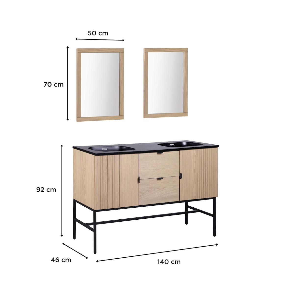 Meuble double vasque 140cm chêne STUDIO sur pieds + miroir carré