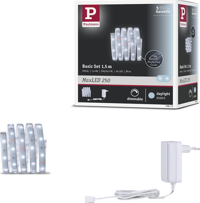 LED-Lichtstreifen mit Netzteil und Zubehör.