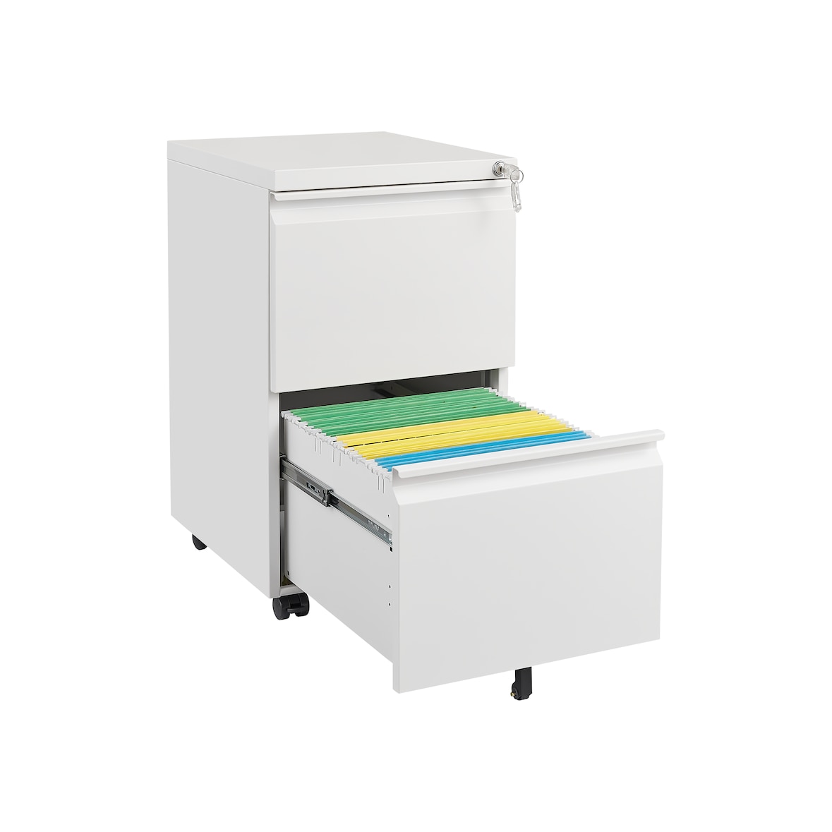 Rollcontainer Metall Weiß 68x39x45 cm mit 2 Schubladen abschließbar unter Schreibtisch für Legal und Letter Hängeregister stabil pflegeleicht