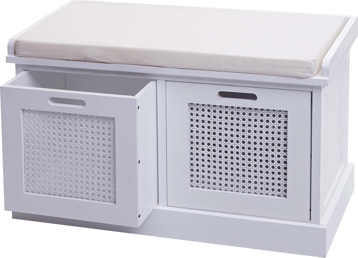 Décoshop26 - Bank aus weißem Paulowniaholz und MDF mit weißem Kissen und Aufbewahrungsboxen 47x75x40cm BAN04054