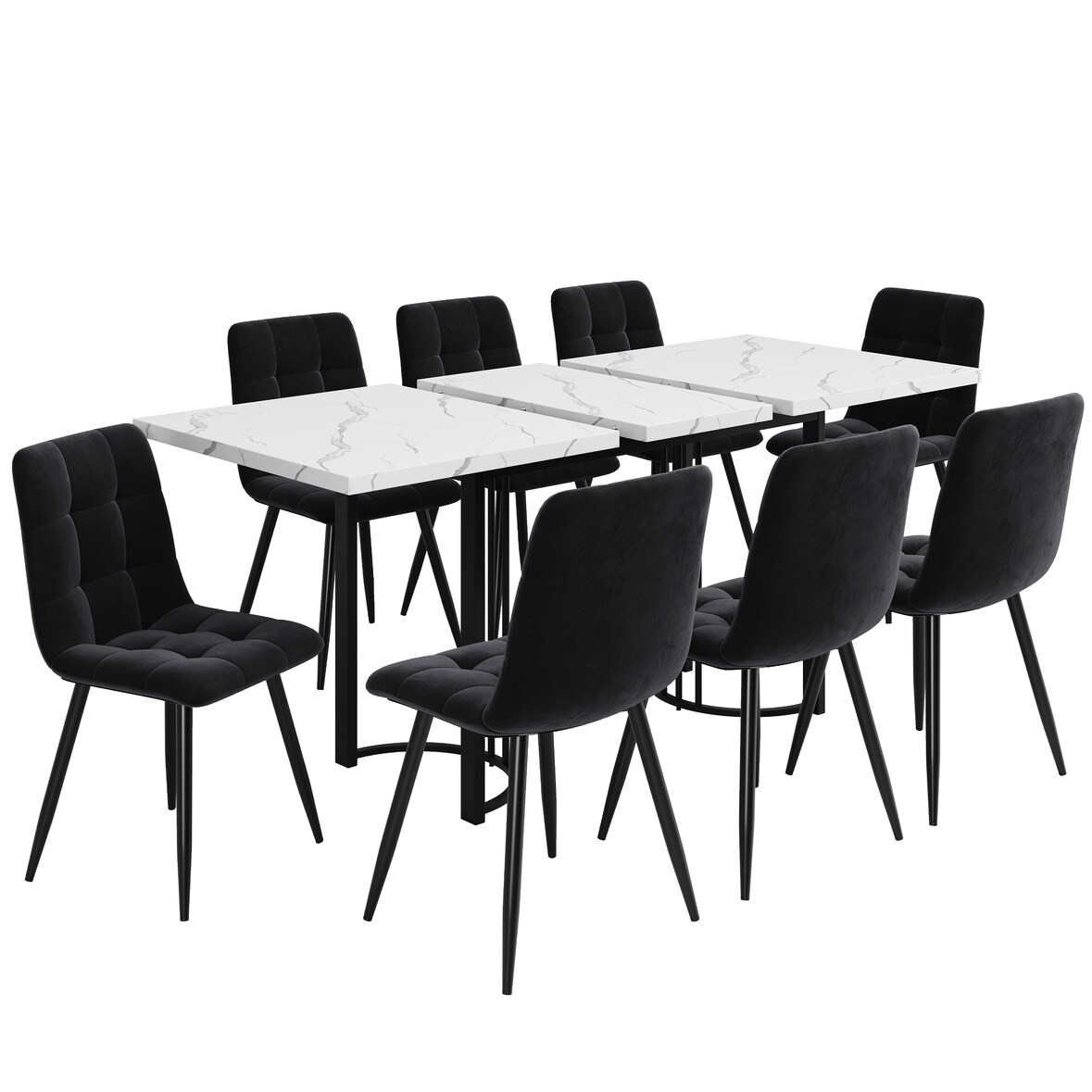 Essgruppe 140-179,5x80x75,5 mit ausziehbarem Esstisch und 8 Samt-Stühlen Schwarz+Weiß, modern, MDF, Metallgestell, für Esszimmer, Familie