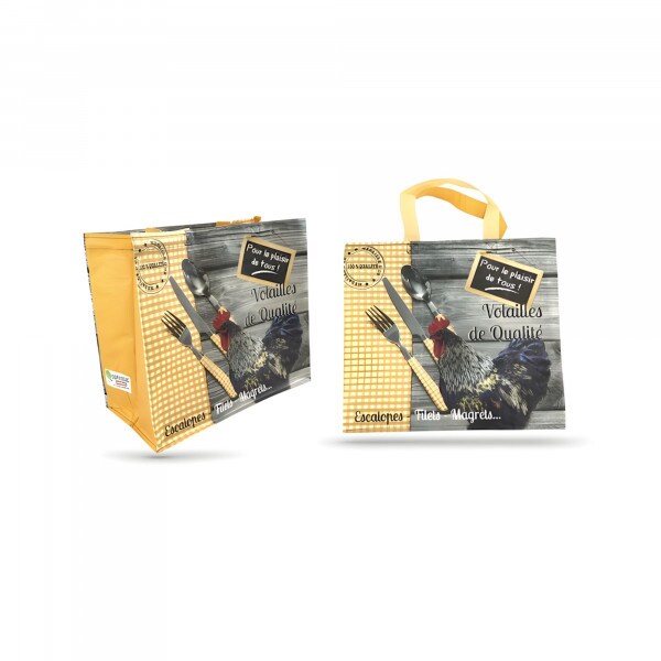 Sac cabas polypropylène tissé imprimé "volaille qualité" 40+20+20x35 cm 100 g/m² (50 U)