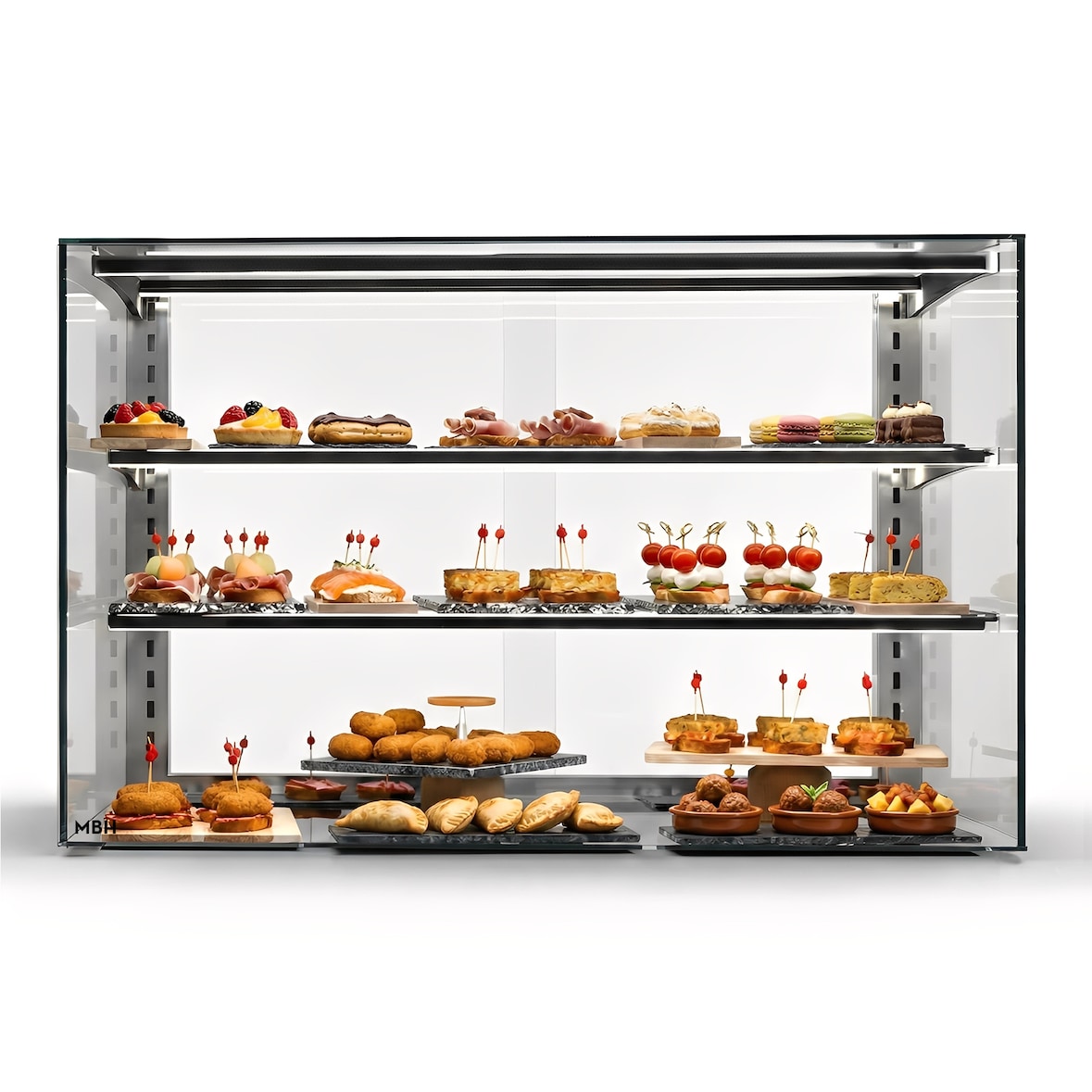 MBH - Vitrina de sobremesa 1000 mm con 2 estantes y gran visión para hostelería. Expositor profesional de cristal para bollería, panadería y bar.