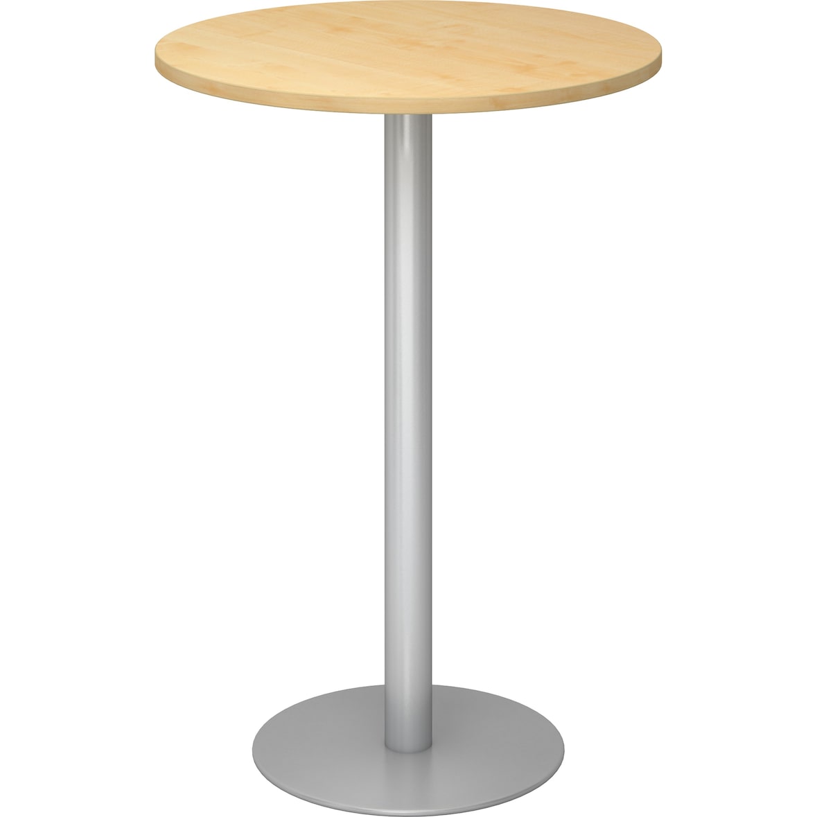 bümö Stehtisch Büro, Bistrotisch rund 80 x 80 cm - Bartisch Ahorn, Stehtisch Holz-Platte, Säule aus Metall in silber, Buffettisch, Säulentisch,
