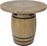 Uma mesa redonda com um barril como base.