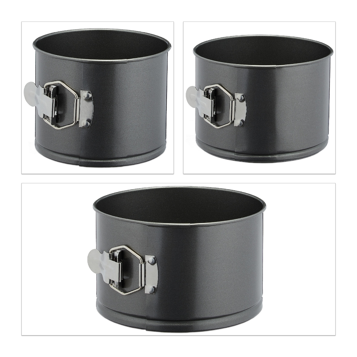 Relaxdays Springform hoch, 3er Set, Ø 14/16/18 cm, rund, antihaftbeschichtet, Backform Schichttorten, Stahl, anthrazit