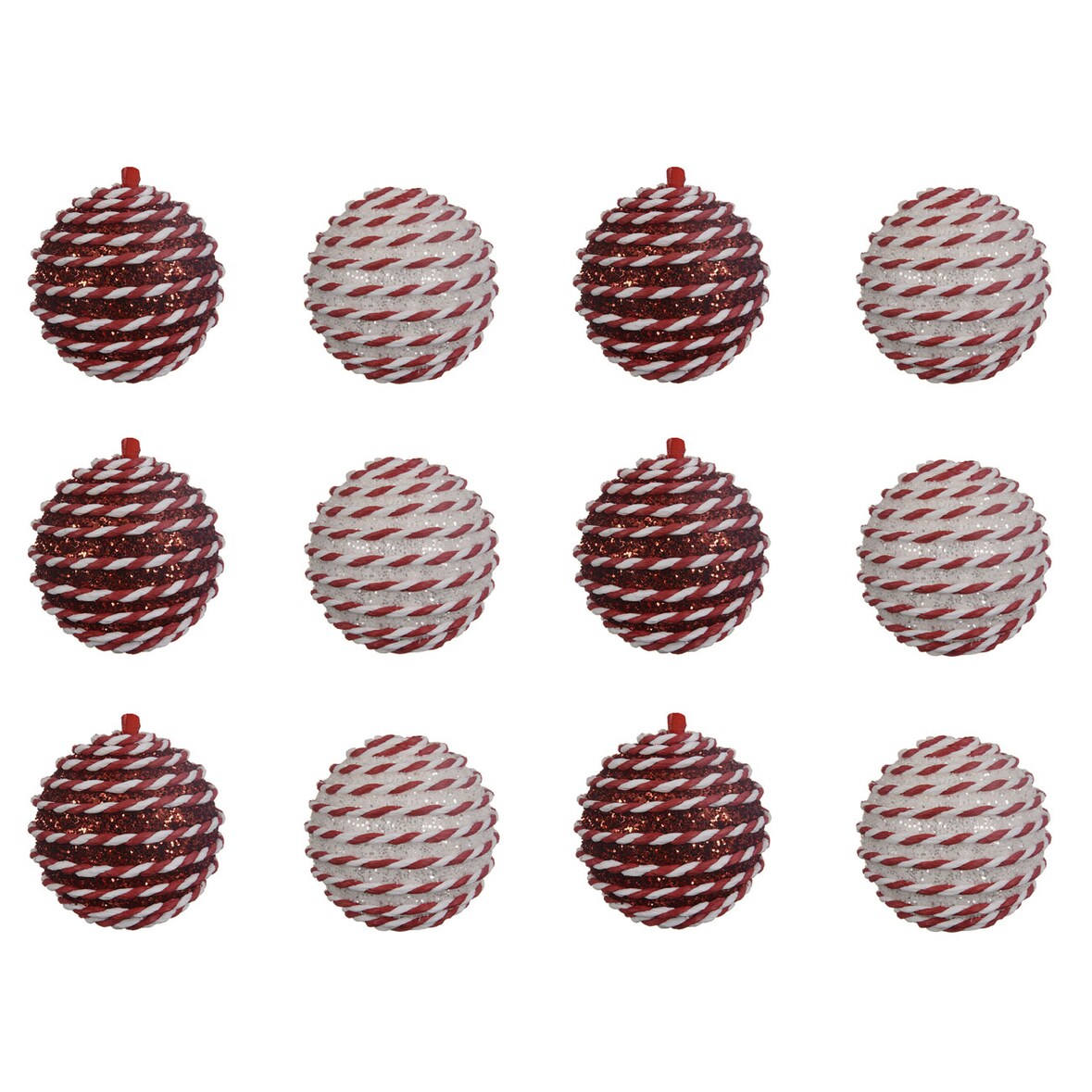 12 Weihnachtskugeln 8cm Kunststoff Christbaumkugeln mit Streifen Muster rot weiß
