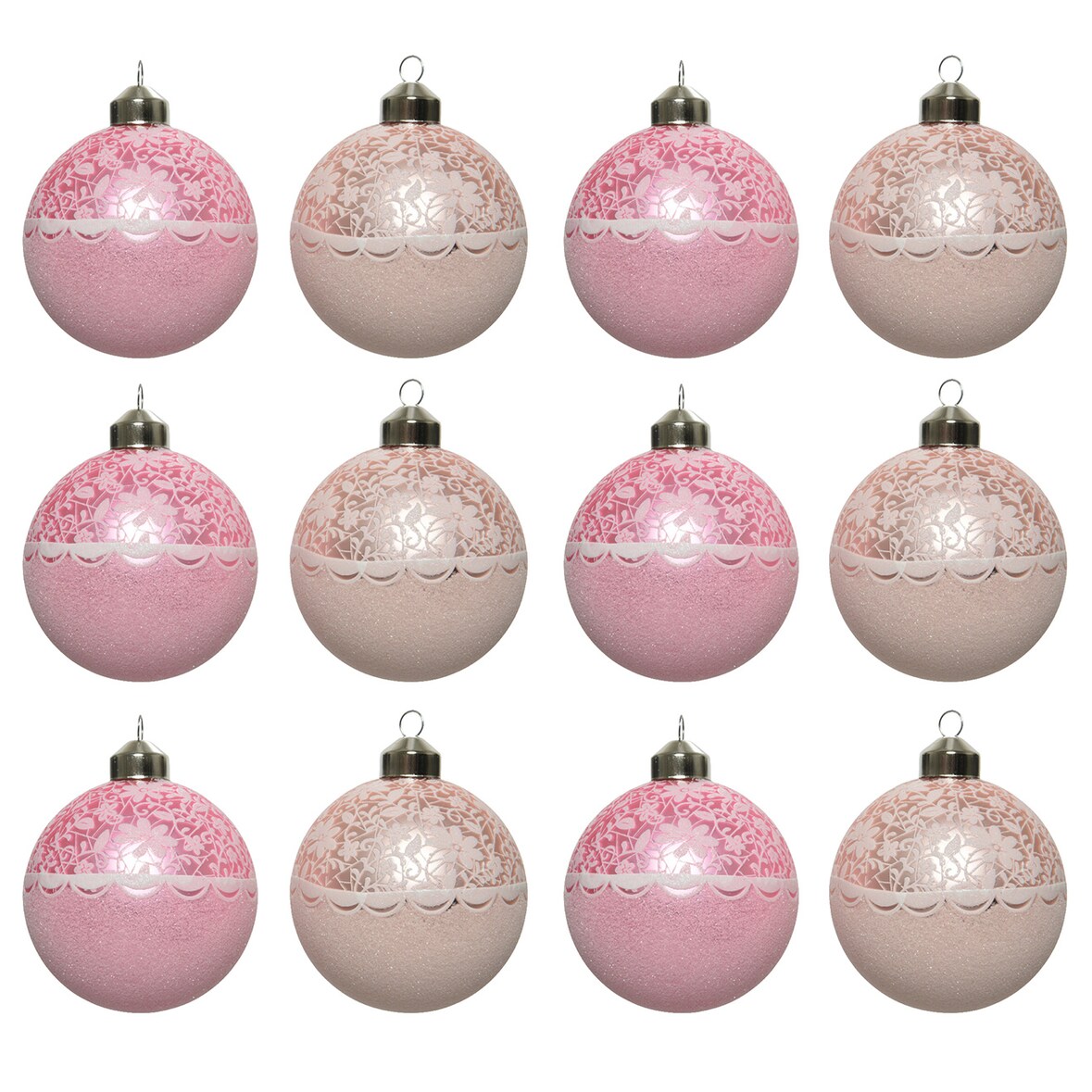 12 Weihnachtskugeln 8cm Glas Blumenmotiv Muster Christbaumkugeln hellrosa pink