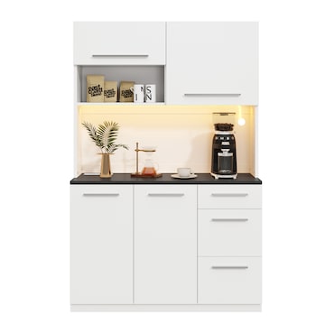 Merax LED buffetkast 120x40x180 cm, hoge keukenkast met werkblad, stopcontact en USB, opbergruimte, koffiestation, wit