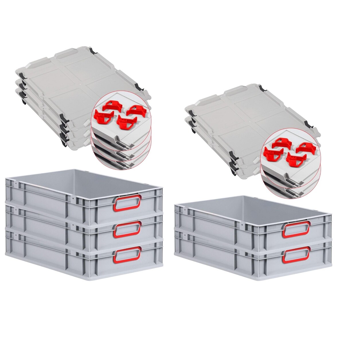 PROREGAL SparSet 5x Eurobox NextGen Color mit Auflagedeckel & Verschlüsse, HxBxT 12x40x60cm, 23L, Grau, Griffe rot zu, Eurobehälter, Box