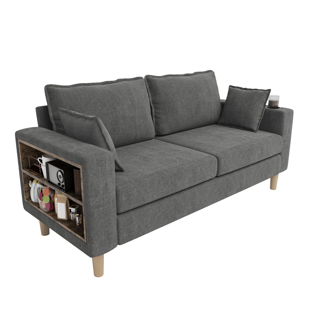 Zweisitzer-Sofa Chenille Grau 173x68x77 cm mit Staufächern, Getränkehaltern, Seitentaschen und 2 Rückenkissen