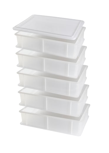 5 Cajas apilables para leudado de pan y pizza + 1 tapa, polietileno, 30x40x10, blanco