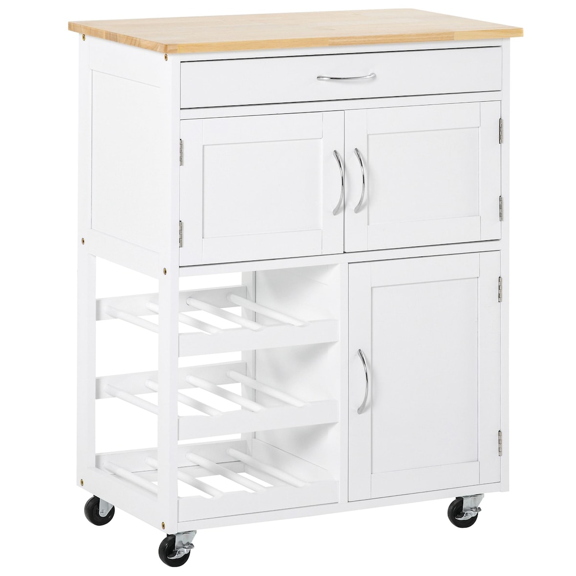 Carro de Cocina con Ruedas Carrito de Servicio con Cajón 2 Armarios de Almacenaje y 3 Estantes Abiertos de 9 Botellas Comedor Restaurante 67x37x87cm