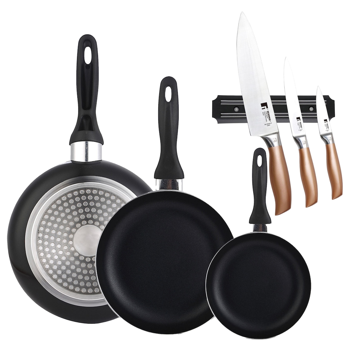 BERGNER - Set 3 padelle Ø16/20/24cm in alluminio pressato colore nero con Set 3 coltelli in acciaio inossidabile con supporto magnetico da parete