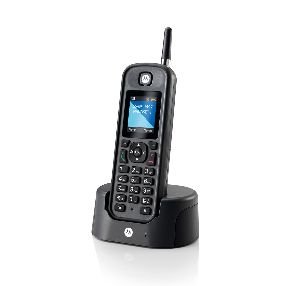 Motorola O201 DECT-Telefon, Anrufer-ID, beleuchtet, 200 Kontakte, große Reichweite, Freisprechen – Schwarz