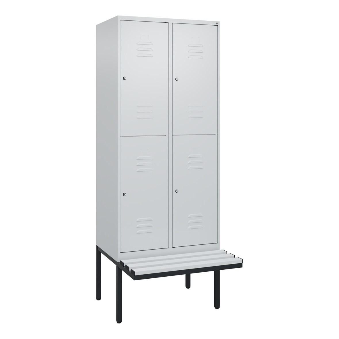 C+P Spind Classic PLUS, Kunststoff schwebende Sitzbank, 4 Abteile, HxBxT 212x80x82cm, Zylinderschloss, Hellgrau/Hellgrau von PROREGAL