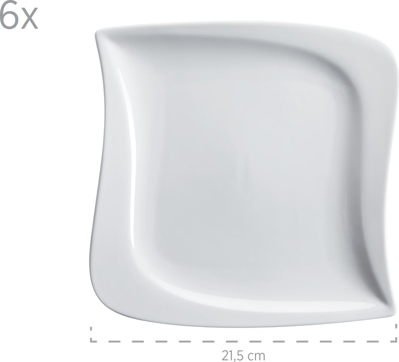 Een set van zes witte, vierkante borden.