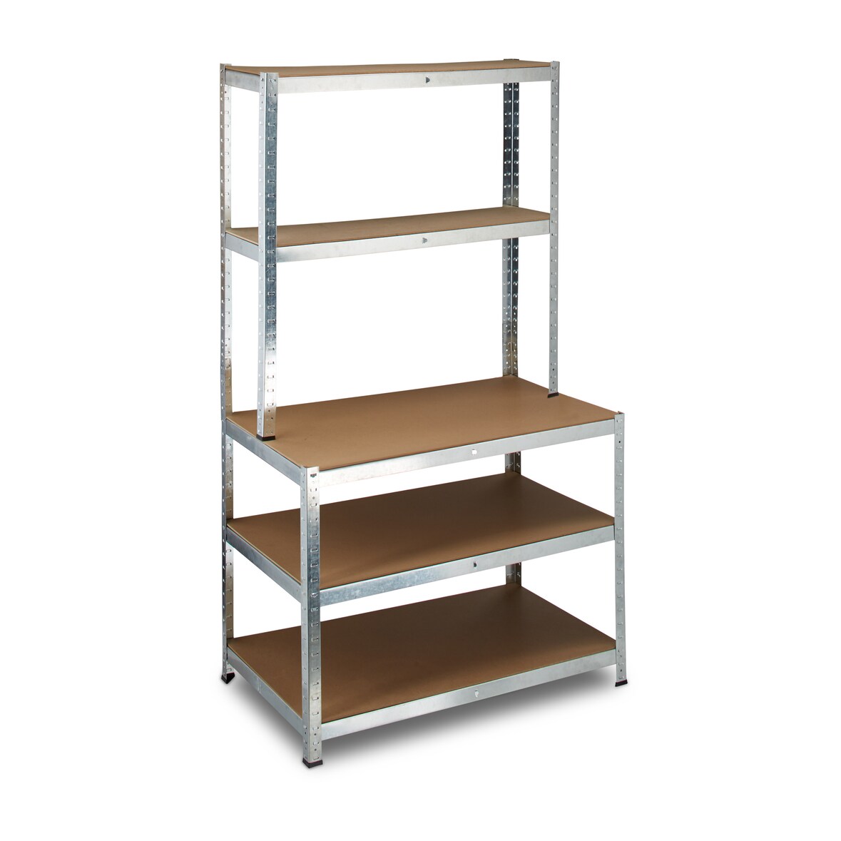 Relaxdays Schwerlastregal mit Werkbank, 900 Kg 5 Böden, Freistehend, HBT 180x 100 x 60 cm, Metall, MDF, Steckregal, grau