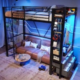 thumbnail of Hochbett 90x200 Metallrahmen mit LED-Beleuchtung, USB + Typ-C Anschluss, 4 Schubladen, Hängestangen, Lochbretter, Stauraum, Schwarz