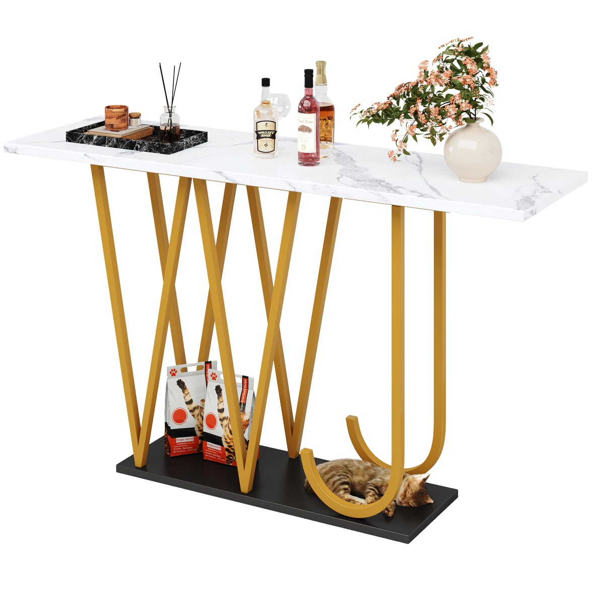 Konsolentisch 120x30x80  Weiß mit Marmoroptik+Gold, schmaler Flurtisch mit Ablage unten, MDF Tischplatte und Metallgestell stabil