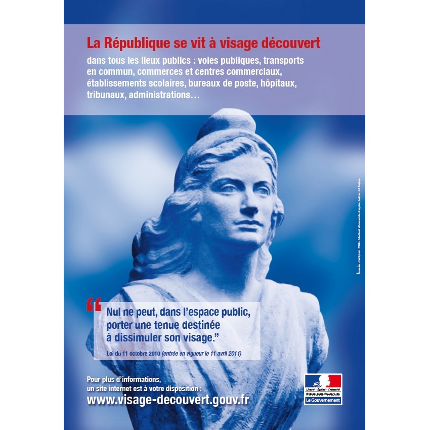 BEQUET Pancarte adhésif 'AFFICHAGE OBLIGATOIRE' Marianne - La République se vit à visage découvert bleu 21x30cm x1