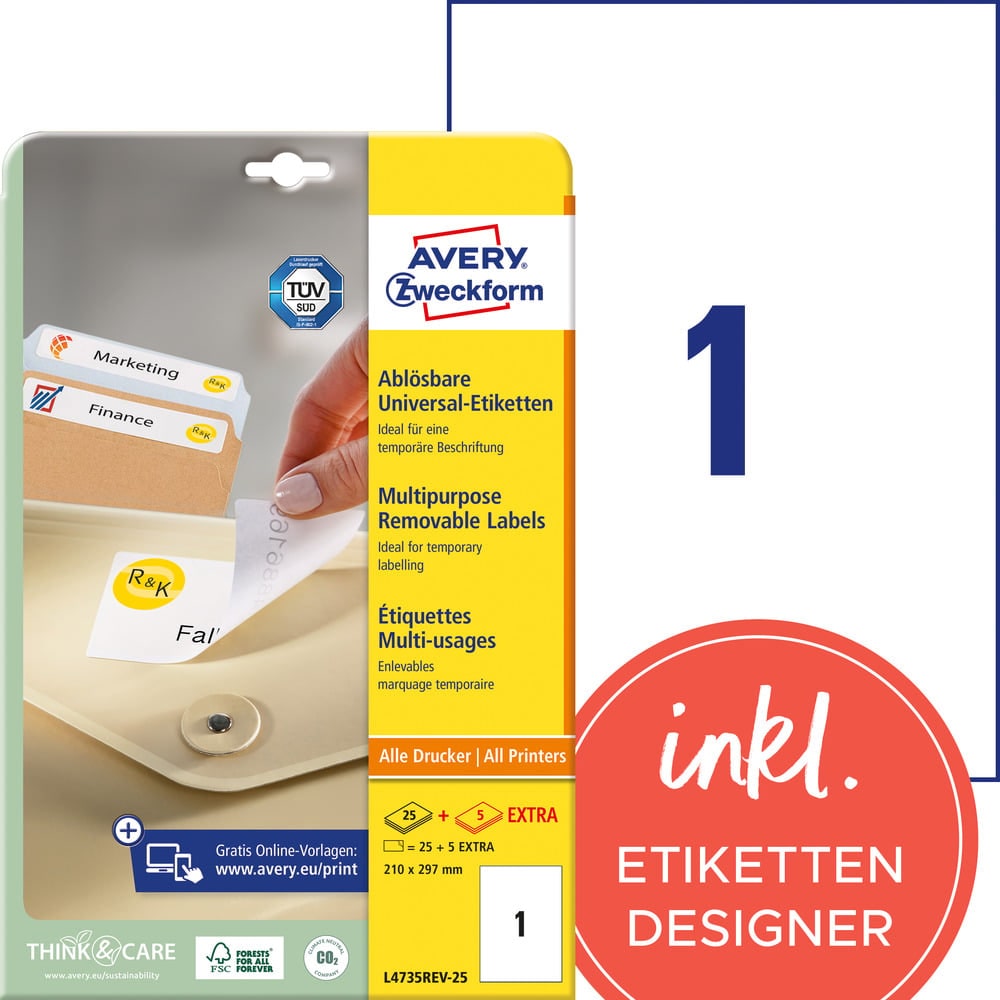 Avery Zweckform L4735REV-25 Universal-Etiketten, ablösbar, A4, 210 x 297 mm, 30 Bogen/30 Etiketten, weiß