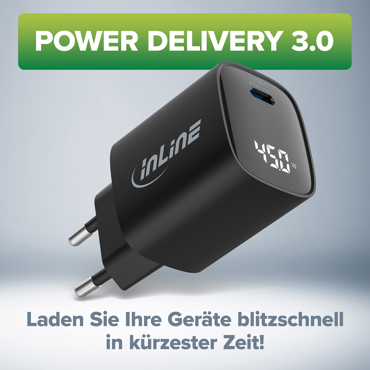 InLine USB PD Netzteil, GaN Ladegerät, 1-Port, USB-C, 45W, mit Display