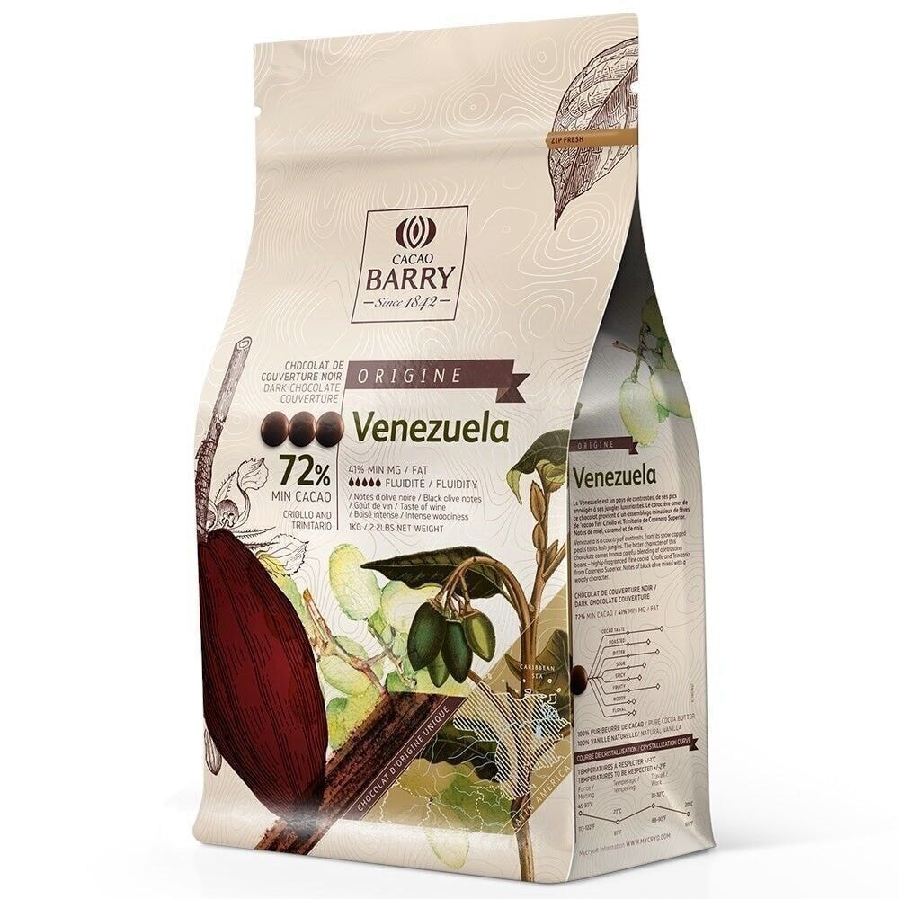 Cacao Barry, Chocolat de couvertoire noir, Gamme Origine Vénézuella (72%cacao), Pistoles, 1 kg, CHD-P72VEN-E1-U68