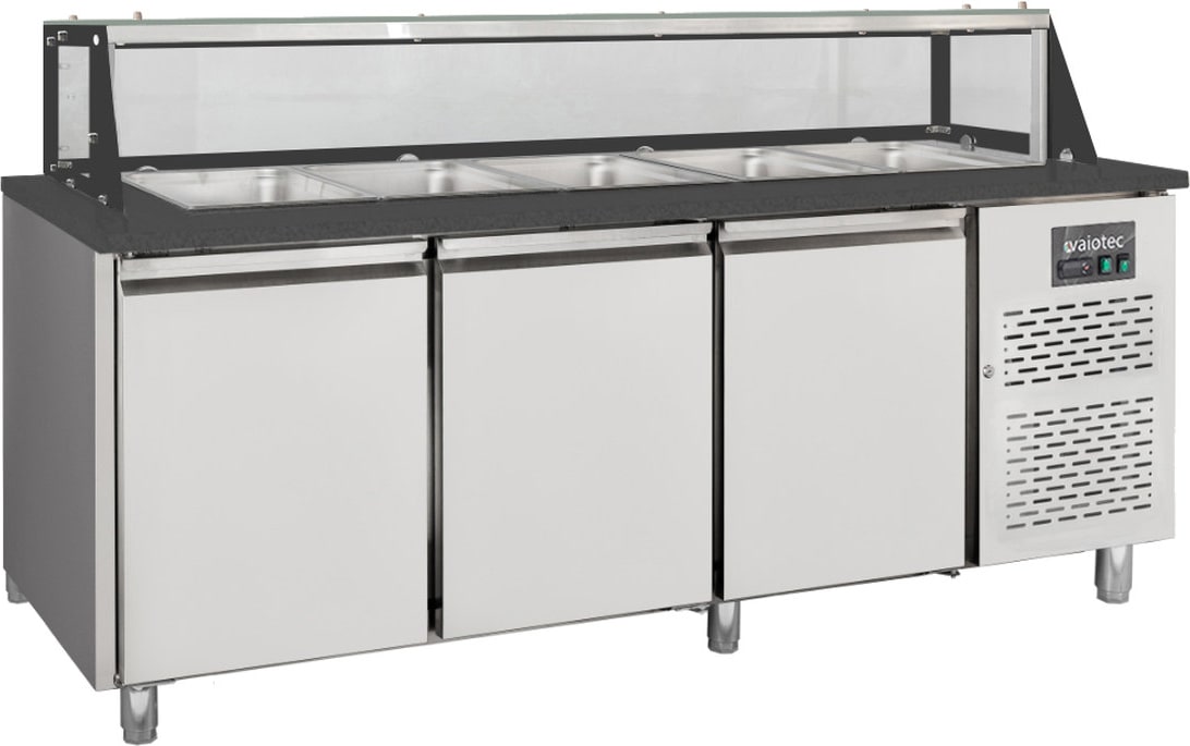 vaiotec Salattheke, 3-fach mit Türen, Glasaufbau, für 5x GN 1/1 "schwarz", 2000 x 800 mm