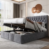 thumbnail of Bett 180x200 mit hohem Kopfteil, Stauraum und Bettkasten Europäisches Design mit Nietendekor Elegantes Doppelbett mit 108 cm Rückenlehne Grau