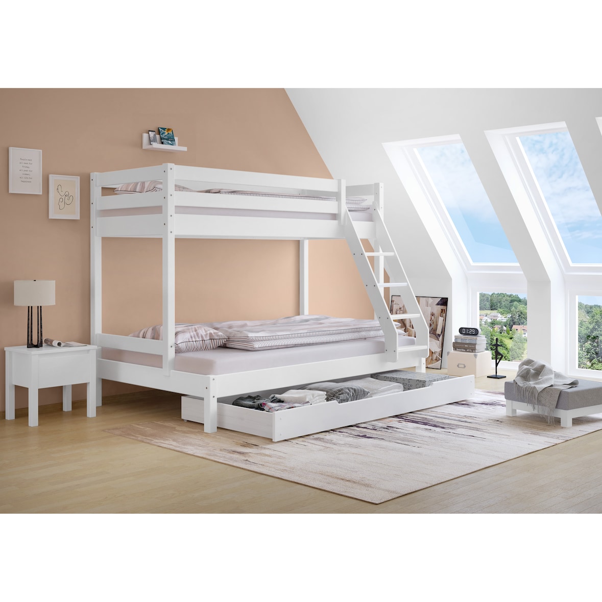 Doppel-Etagenbett 120x200 und 80x200 Erwachsenen-Stockbett Kiefer Massivholz weiß V-60.18W-08-12 Rollrost und Bettkasten inkl.