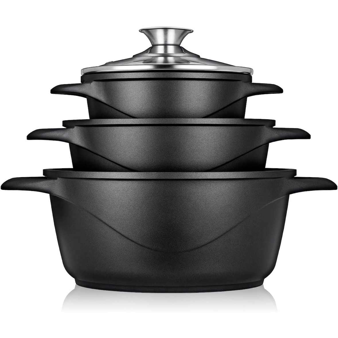 Briebe Batería de Cocina Inducción 6 Piezas Aluminio Fundido 3 Ollas con Tapa de Cristal Antiadherente, Negro, MGK-18