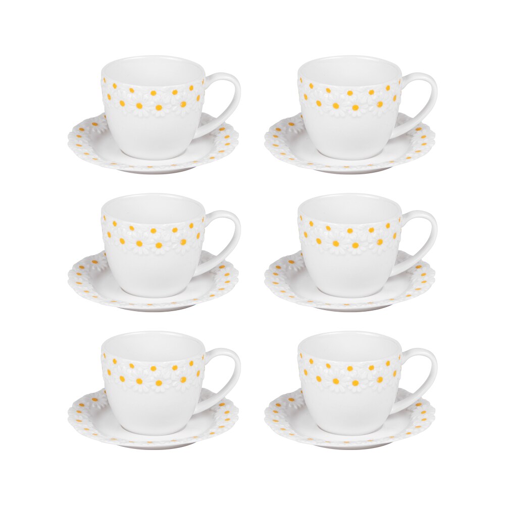 Coffret de 6 tasses à café avec sous tasses Marguerite 10 cl -  10.00 cl Blanc Rond Porcelaine Table Passion 9.00x7.00 cm
