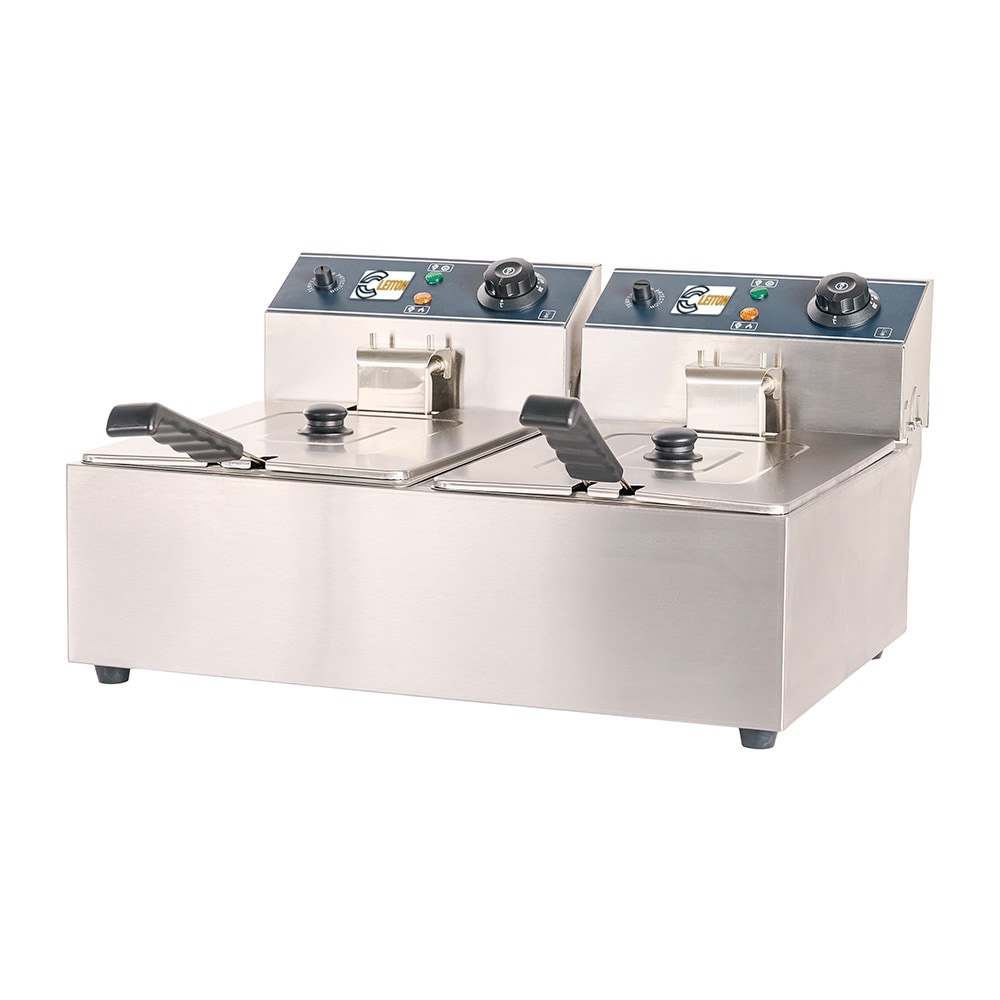 Cleiton® Freidora Industrial Eléctrica 6+6 Litros Doble Sobremesa | Freidora Profesional de Aceite en Acero Inox 5000 W Termostato Alta Precisión