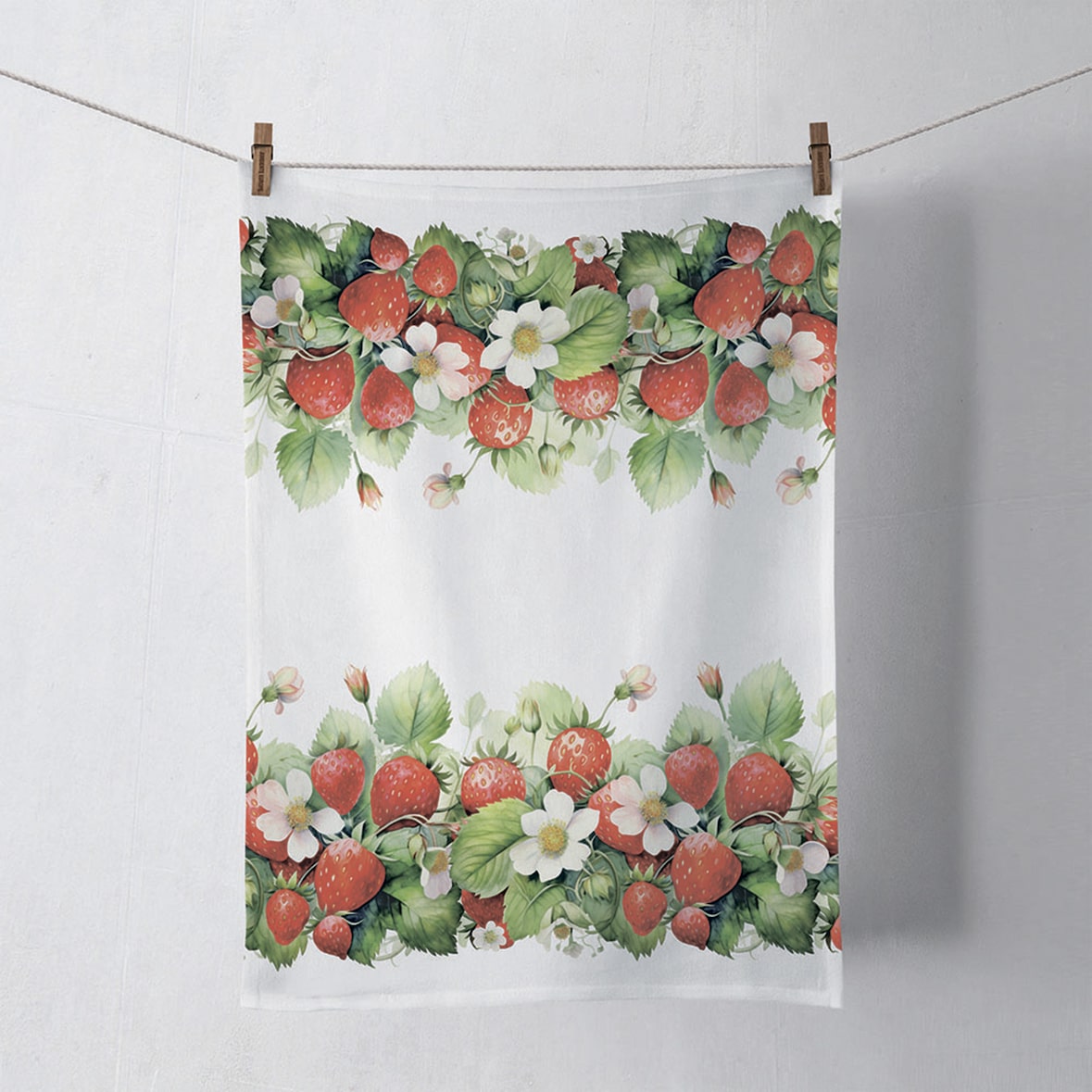Küchentuch Baumwolle 50x70cm mit Erdbeerblüten Motiv - Küchenwäsche Sommer Frühling Geschirrtuch Wischtuch Trockentuch Küchenhandtuch Weiß Rot