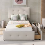 thumbnail of Polsterbett 90x200 mit Stauraum und Lattenrost–klassisches Design aus hautfreundlichem Samt in Beige für komfortable Schlaf- und Aufbewahrungslösungen