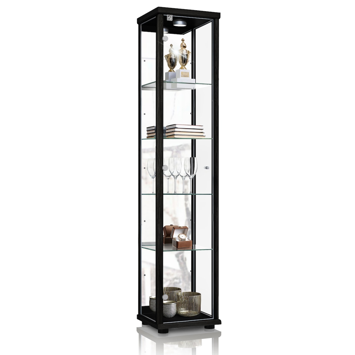 K-Möbel vitrine en verre en noir (176x37x33cm) avec 4 étagères en verre réglables en hauteur, miroir, serrure, LED - modèle de voiture vitrine