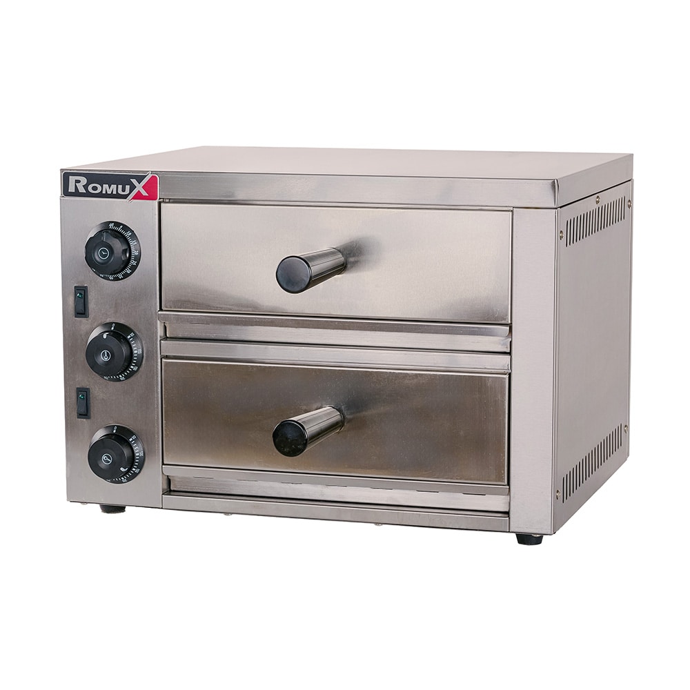 Romux® Horno de Pizza Compacto Doble Eléctrico de 1+1 Pizza de 30 cm Sobremesa en acero inox con Calentamiento Rápido | Temperatura 350°C - 3200 W