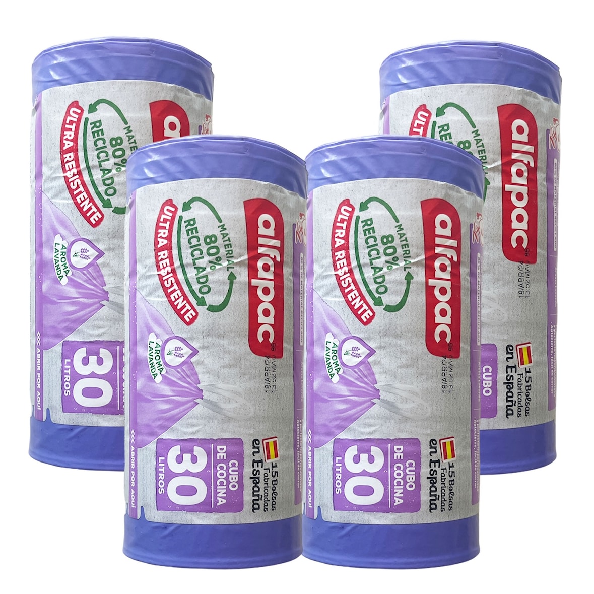 Alfapac - 30L 55x60cm hersluitbare vuilniszakken 'Lavendel', 4 rollen x 15 eenheden (80% gerecycled)