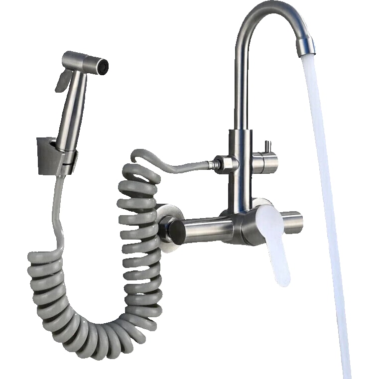 JULIE | horeca mengkraan wandmontage zilver | professionele keukenkraan rvs met handdouche | restaurant wandkraan hoge uitloop