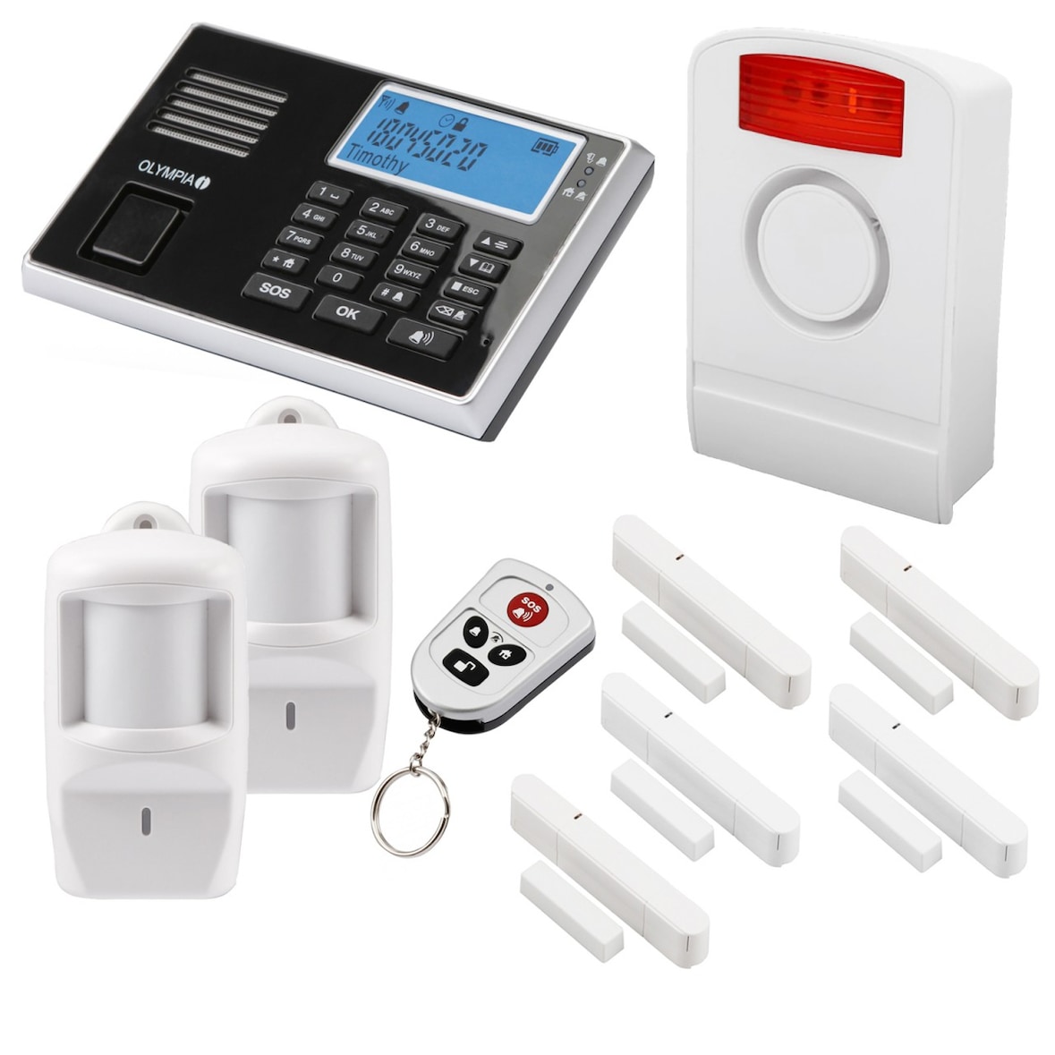 OLYMPIA 9061 Alarmanlagen-Set mit 1 Außensirene, 5 Fenster/Türkontakte und 2 Bewegungsmeldern