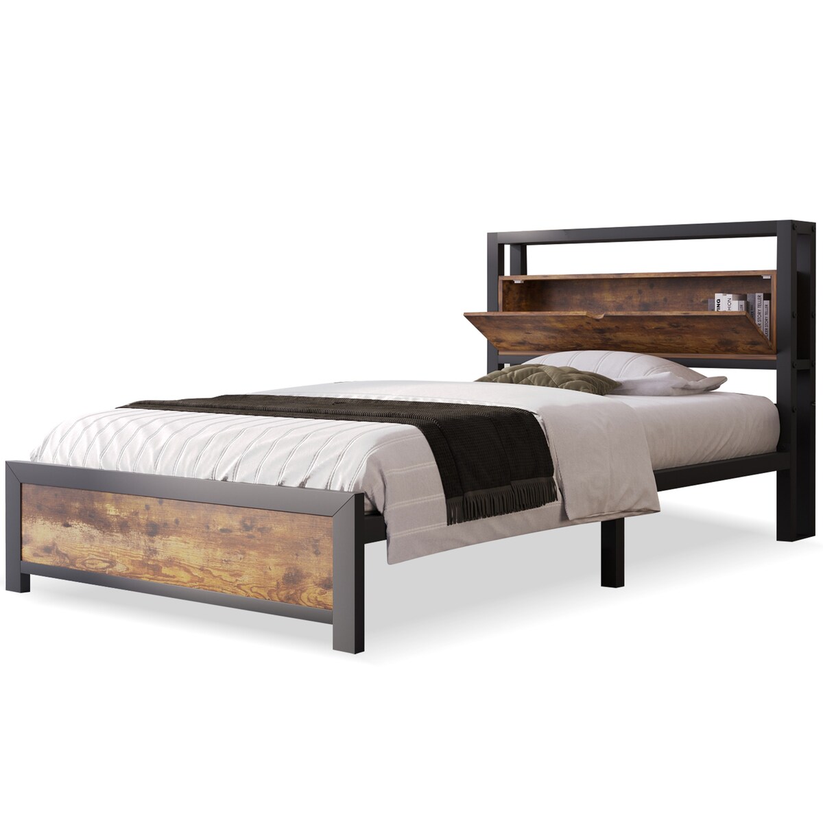 OKWISH Metallbett 90×200 cm Schwarz mit Stauraum-Kopfteil und Lattenrost, robustes Kinder- und Jugendbett mit MDF-Akzenten und einfache Montage