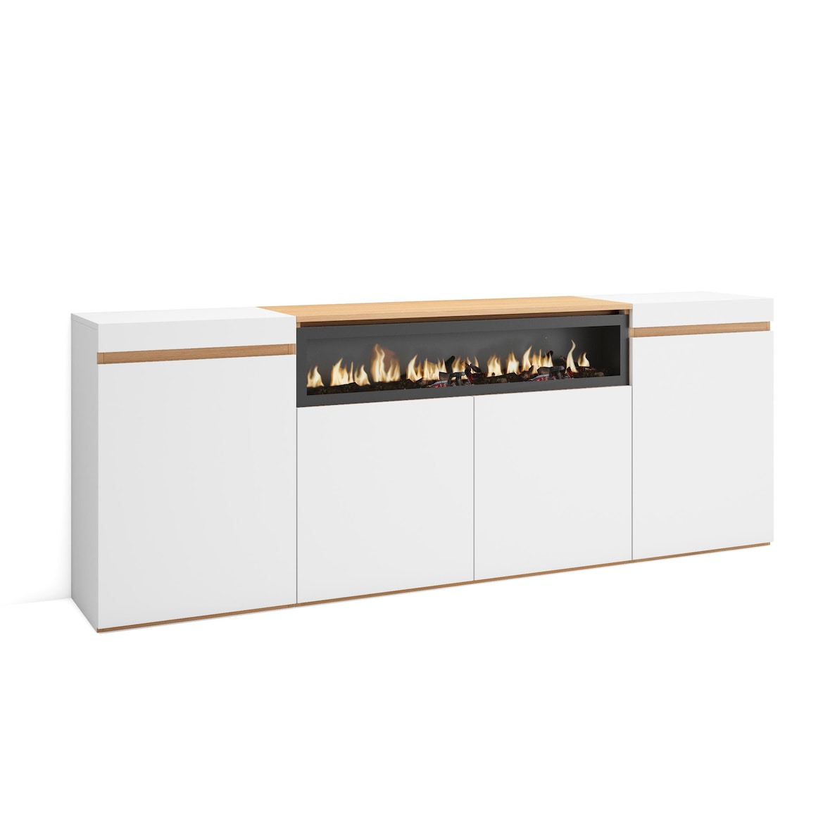 Dressoir, Opbergkast, 200x75x35cm, 4 Deuren, Elektrische haard, Wit en Eiken soft