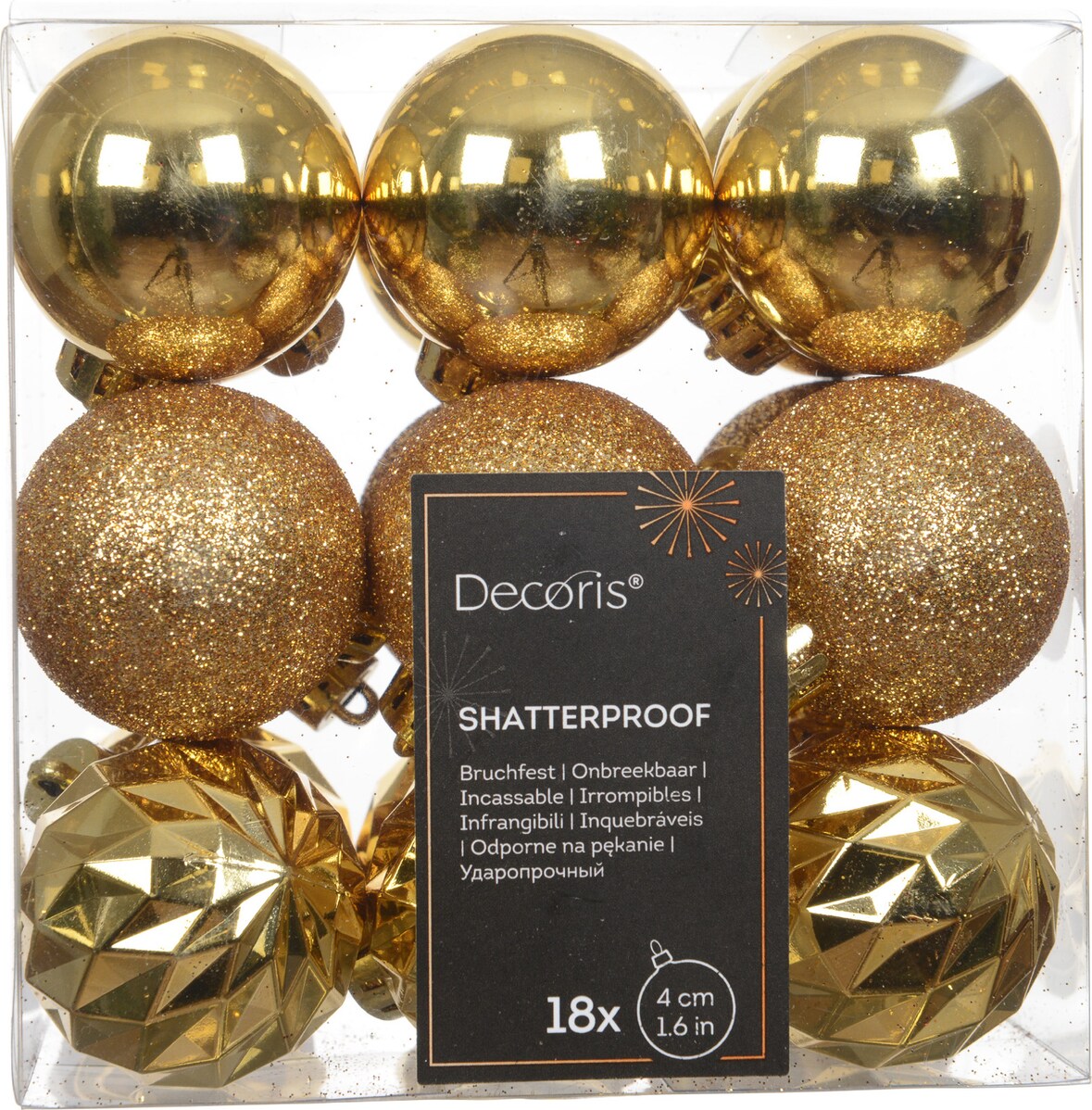 18 Weihnachtskugeln Kunststoff 4cm Mix Glanz Glitzer Ornament Baumschmuck Christbaumkugeln für Weihnachtsbaum Weihnachten Deko bruchsicher Hellgold