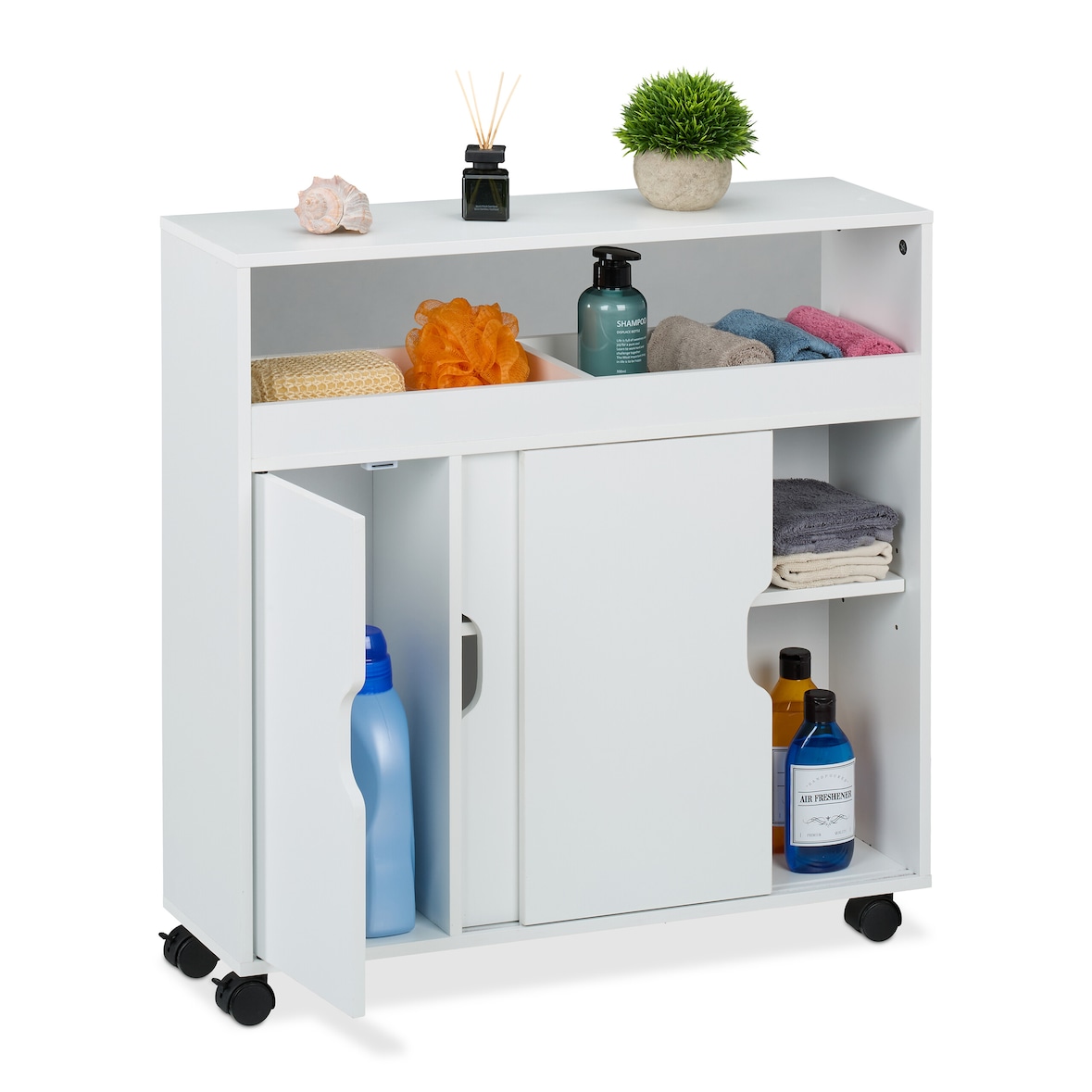 Relaxdays Nischenschrank, 3 Fächer, 2 offene Ablagen, H x B x T: 71,5 x 70 x 20 cm, Bad, Küche, MDF, Rollwagen, weiß