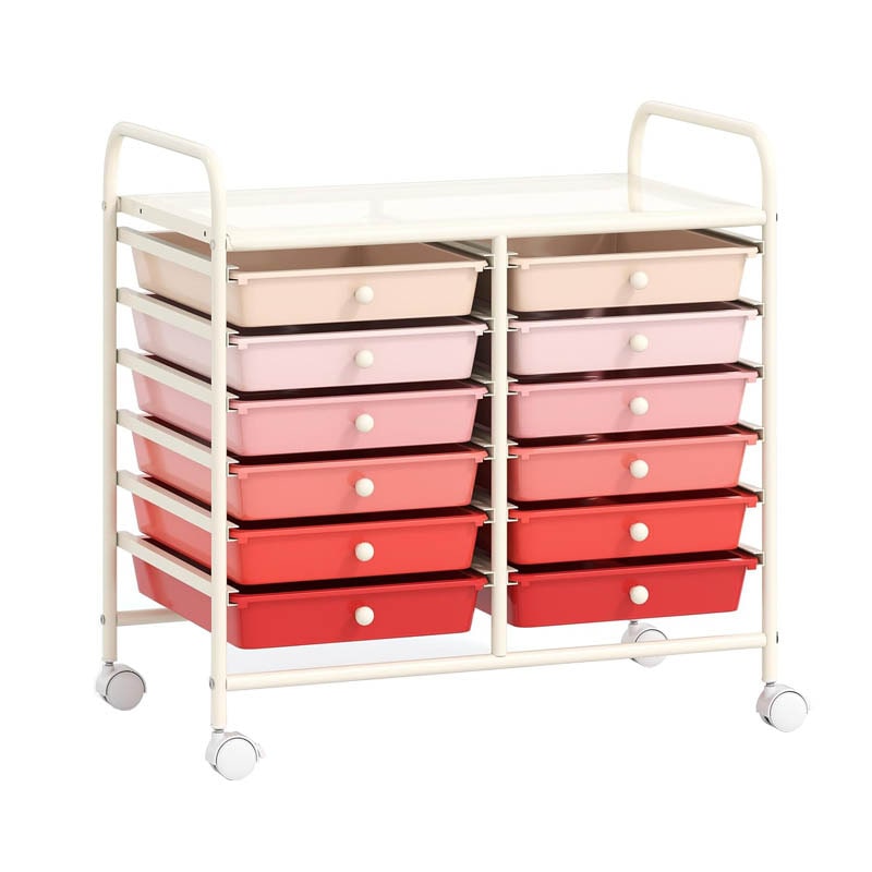 COSTWAY Carrello con 12 cassetti impilabili, carrello portadocumenti, contenitore su ruote con telaio e ripiano in metallo, 64 x 38 x 62 cm (rosa)